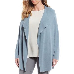 EILEEN FISHER Silk Cotton Knit Sweater Jacket Blue Open Front Womens Large
